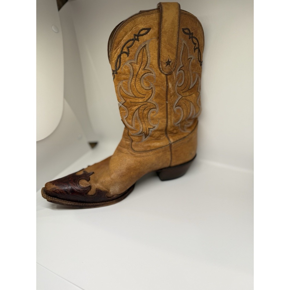 Tony Lama Vintage‎ Western Cowboy Boots Leather Cognac Tan Stitched 9.5B - Picture 9 of 9